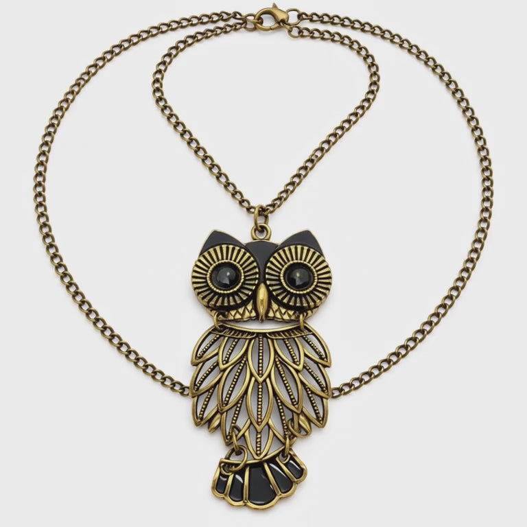 Vintage Gold-Tone Owl Pendant Necklace – Black Enamel Statement Jewellery