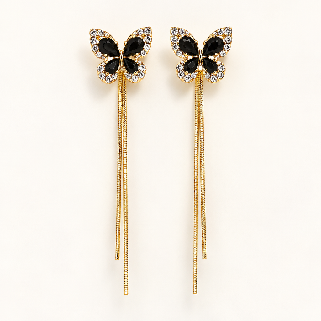 Black Butterfly Crystal Drop Earrings – Gold-Tone Long Tassel Earrings