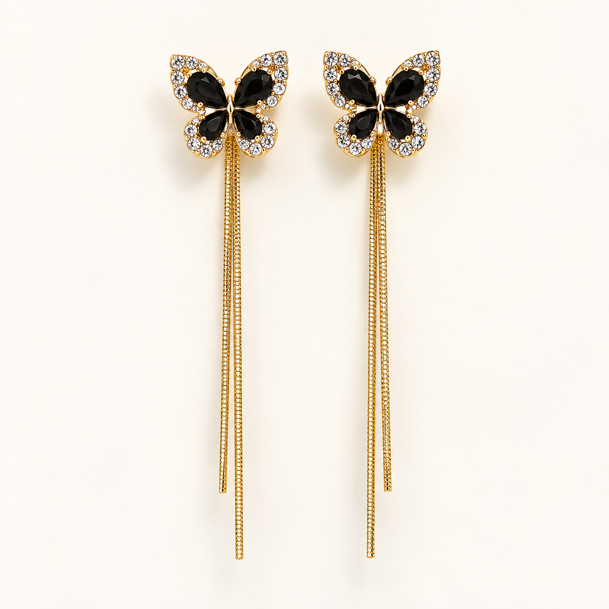Black Butterfly Crystal Drop Earrings – Gold-Tone Long Tassel Earrings