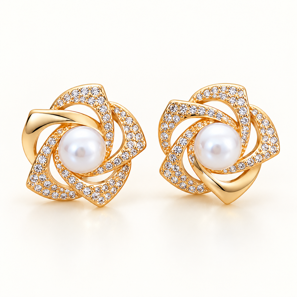 Gold-Tone Pearl Flower Stud Earrings with Crystal Details
