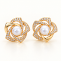 Gold-Tone Pearl Flower Stud Earrings with Crystal Details