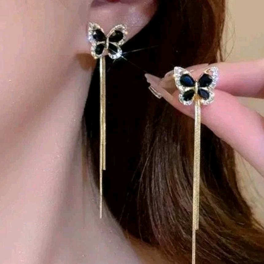 Black Butterfly Crystal Drop Earrings – Gold-Tone Long Tassel Earrings