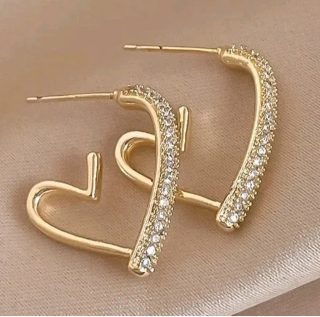 Pavé Rhinestone Heart Hoop Earrings – Gold Tone