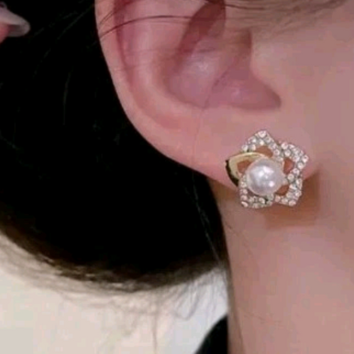 Gold-Tone Pearl Flower Stud Earrings with Crystal Details