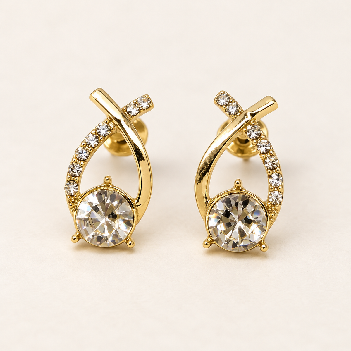 Gold-Tone Crystal Crossover Stud Earrings – Elegant Sparkling Statement Jewellery | OONACO