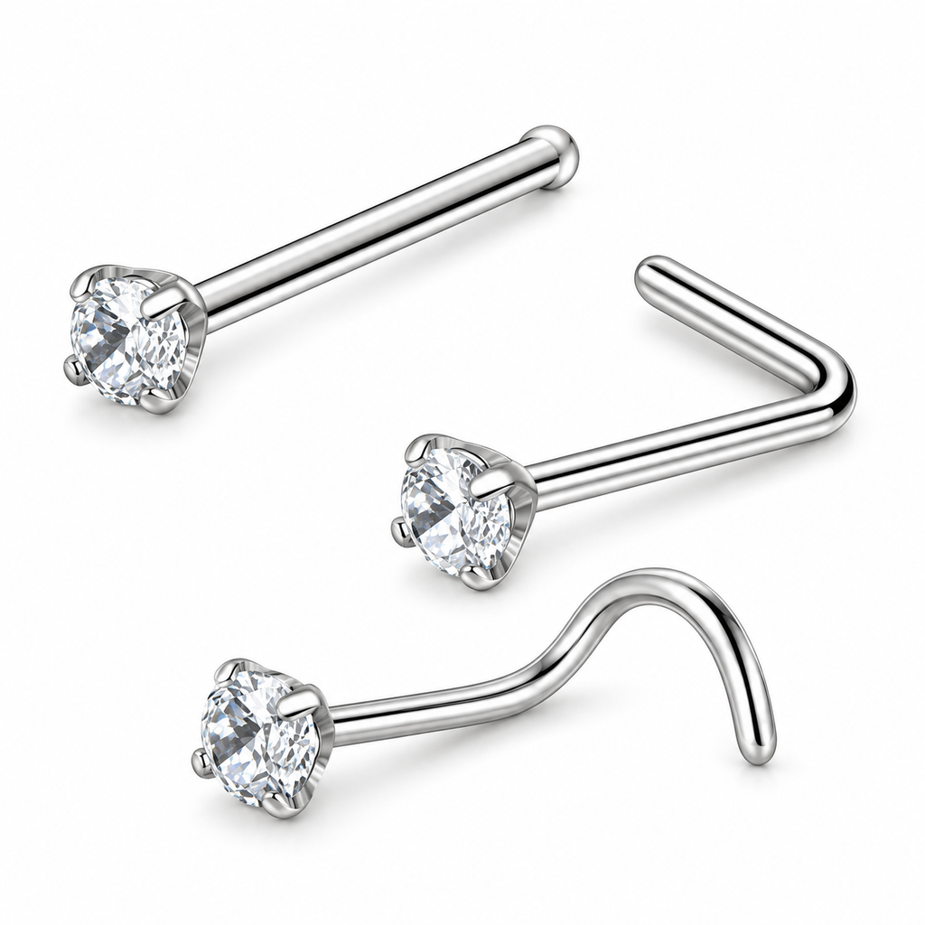 Silver-Tone Crystal Nose Stud – L-Shaped & Straight Nose Piercing