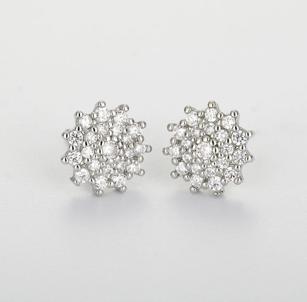 OONACO Silver Tone Sparkle Flower Stud Earrings – Crystal Cluster
