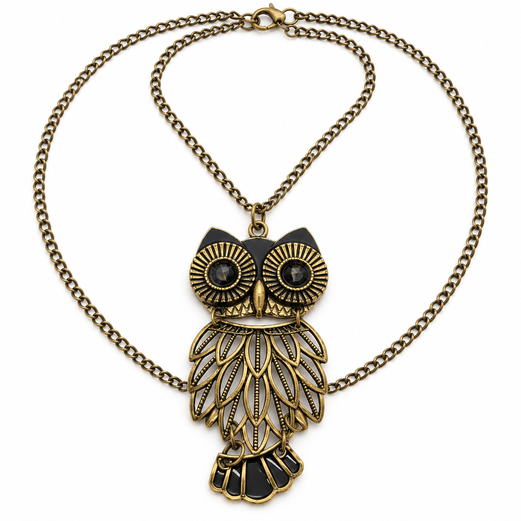 Vintage Gold-Tone Owl Pendant Necklace – Black Enamel Statement Jewellery
